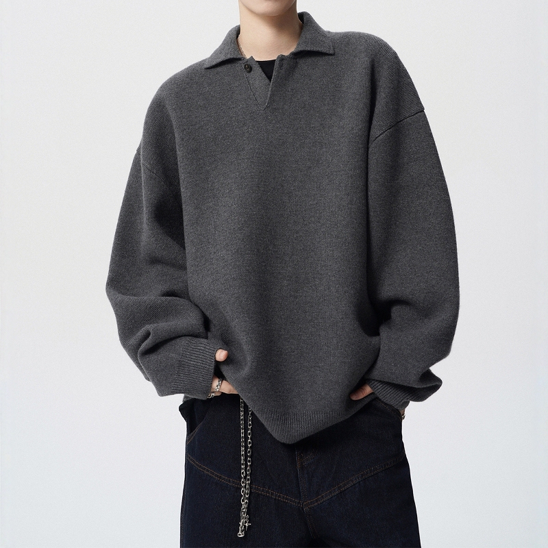 American-Style Polo Collar Sweater Jacket for Men, Spring and Autumn Trendy Brand, Casual Solid Color Knitwear, High-End Versatile Couple's Top