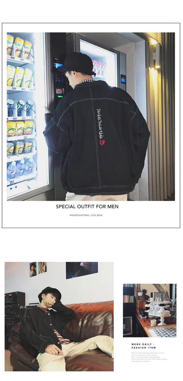 Mùa thu cổng gió ulzzang rộng kích cỡ áo khoác thanh niên áo khoác Hàn Quốc bf nam thêu tiếng Anh denim áo jacket nam
