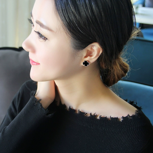 Золотые черные брендовые серьги из нержавеющей стали, 18 карат, розовое золото, четырехлистный клевер, простой и элегантный дизайн