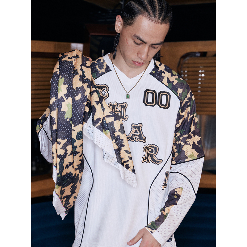 Charmboi Trendy Digital Camouflage Patchwork Screen-Printed Jersey American Street Style Color-Block Long-Sleeve T-Shirt Unisex