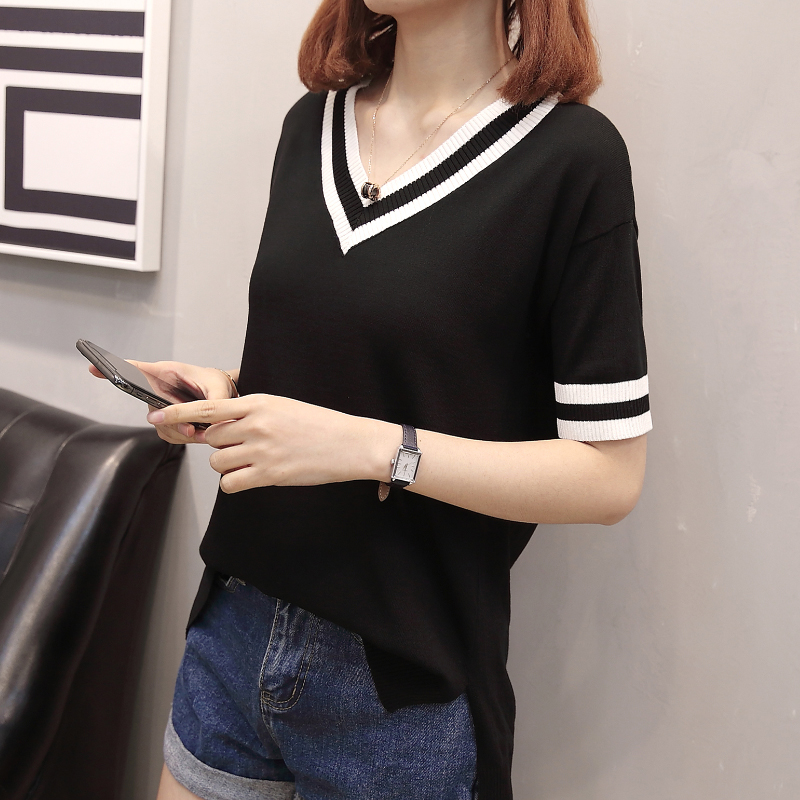 Large size dress Fashion T-shirt female blouse Summer WeChat sister Coloured College Wind loose Covered Meat Knit Short Sleeves