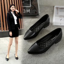 Work shoes womens black leather shoes autumn professional stewardess work pointed flat thick heel medium heel soft sole non-slip single shoes