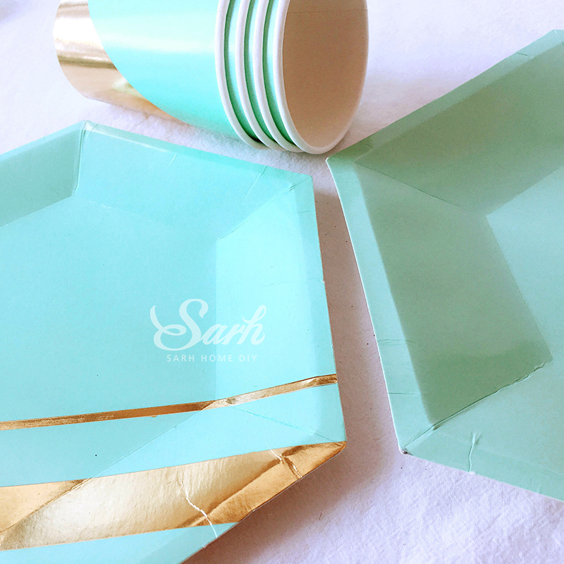 Màu xanh lá cây bronzing giấy khăn giấy cup khay giấy bộ sưu tập giấy dùng một lần bộ đồ ăn đảng đảng tráng miệng bảng trang trí màng bọc thực phẩm ringo
