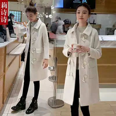 College style woolen coat women's long version 2021 autumn and winter Korean version of small horn buckle woolen coat women