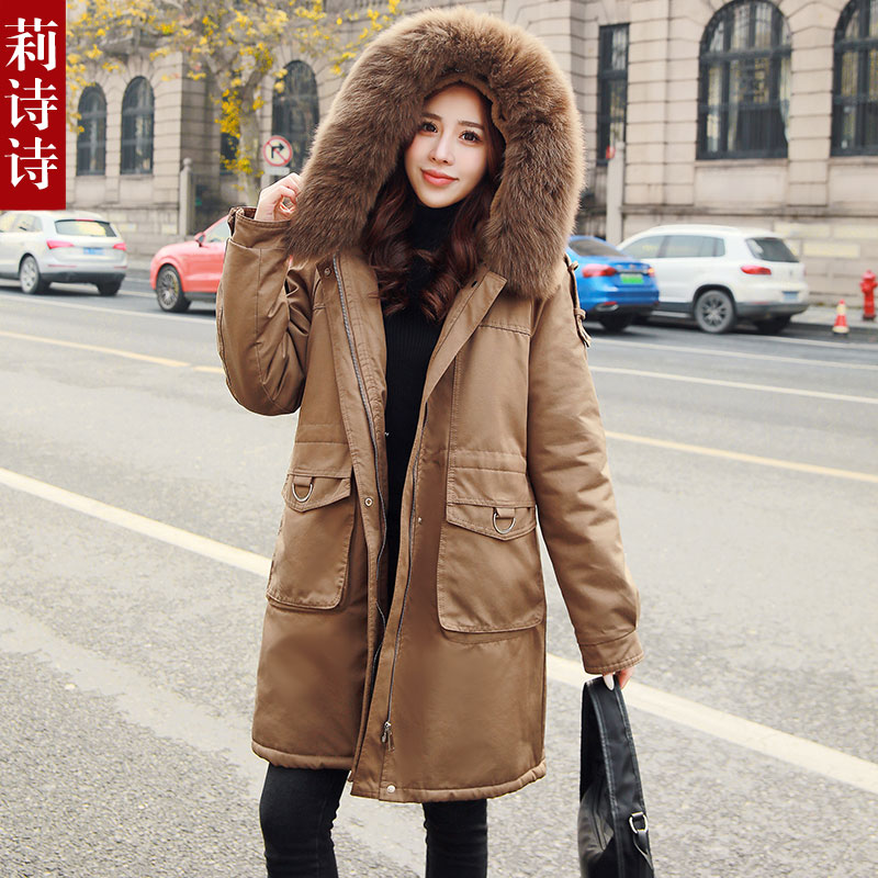 2022 New cotton clothes female medium long version to overcome thickened cotton padded jacket casual Korean version Winter ladies jacket cashew
