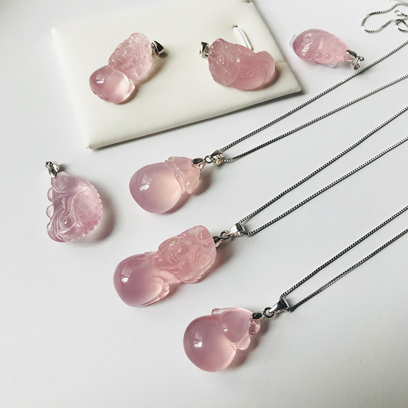 Natural powder crystal pendant sculpted piece pink crystal necklace 925 silver necklace with leu fish Ruyi money bag birthday present