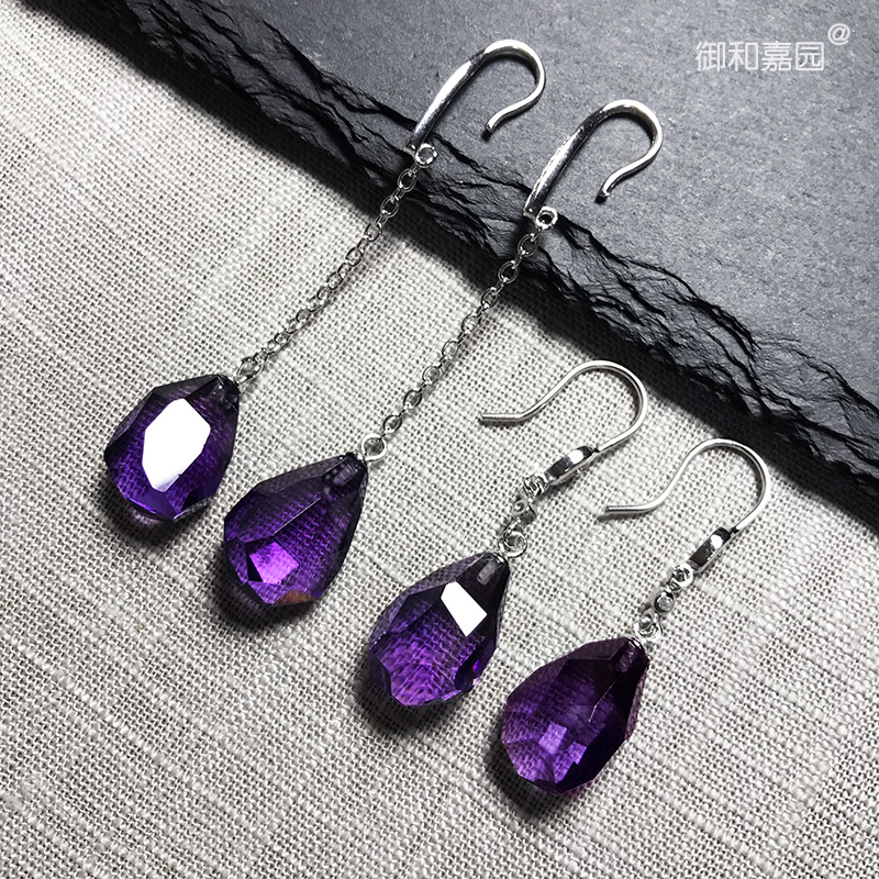 Natural amethyst crystal earlaced purple crystal section ear pendant girl with shape earrings creative ear pin 925 silver ornament Gift