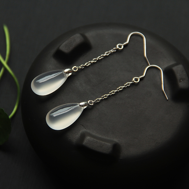 925 Silver Natural Agate Water Drop Ear Line Crystal Earrings Long Super Fairy Christmas Gift