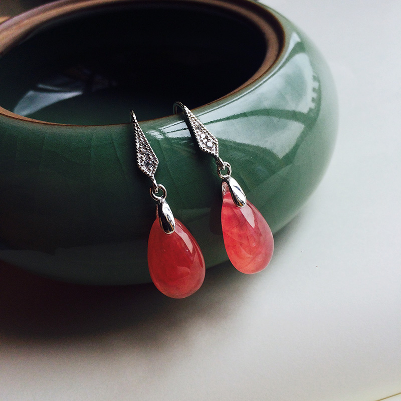 Red Striped Stone Earbuds 925 Silver Ear Ring Hook Natural Crystal Women's Jewelry Drop Fashion Ornaments Birthday Gift