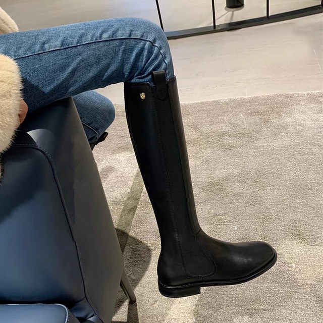 Xiaoxiang style flat-bottomed boots for women 2025 new autumn and winter thick legs and high-tube Chelsea Knights long boots without knees