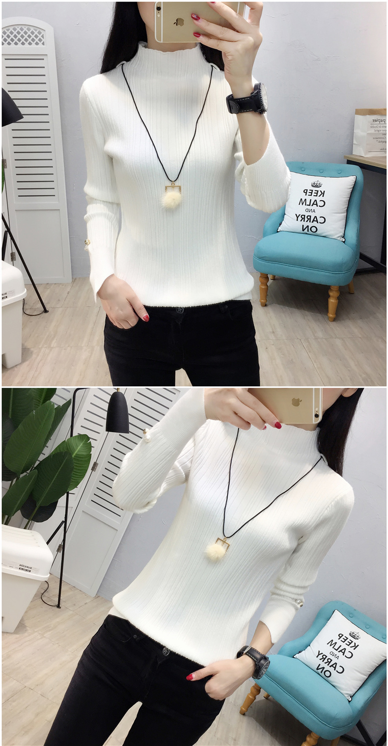 Thu đông 2018 mới ngắn nữ trang trí cơ thể áo len nữ cổ cao nửa cổ áo dệt kim chạm đáy áo sơ mi dài tay áo cardigan nữ dáng dài