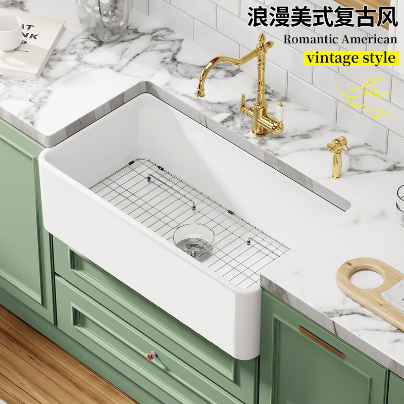 Fireclay Modern Kitchen Sink, Retro American-Style Ceramic Single/Double Sink, Semi-Embedded French-Style Fire-Resistant Clay Dishwashing Basin