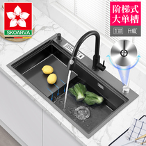 Black nano stepped sink single tank 304 stainless steel kitchen wash basin high and low single basin sink