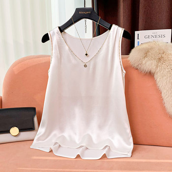 V-Neck Acetate Camisole Tank Top for Women, 2024 Summer New Style, Beaded Inner Wear, Sleeveless, Can Be Worn Outside, Thin Top