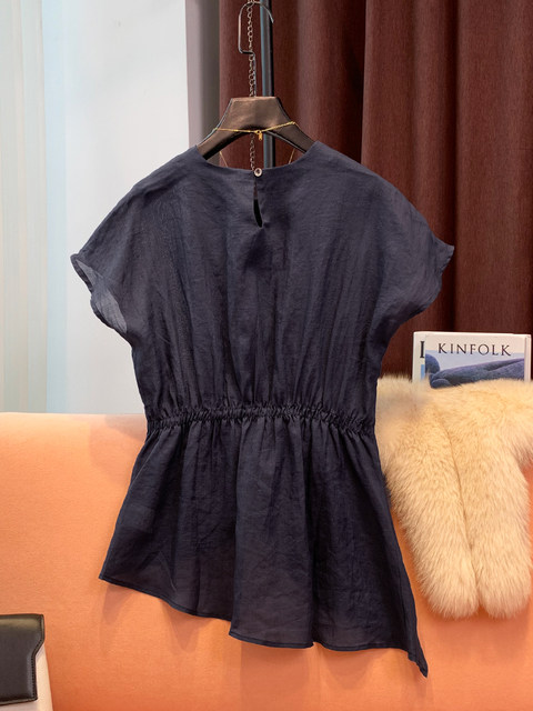 High-End Accessible Luxury 100% Ramie Thin Top for Women 2024 Summer New Style Pleated Asymmetrical Hem Elegant Shirt