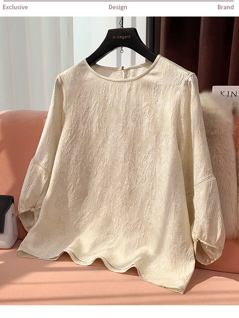 19mm Silk Jacquard Lantern Sleeve Blouse for Women, 2024 Summer New Style, Age-Reducing Loose Fit Mulberry Silk Top