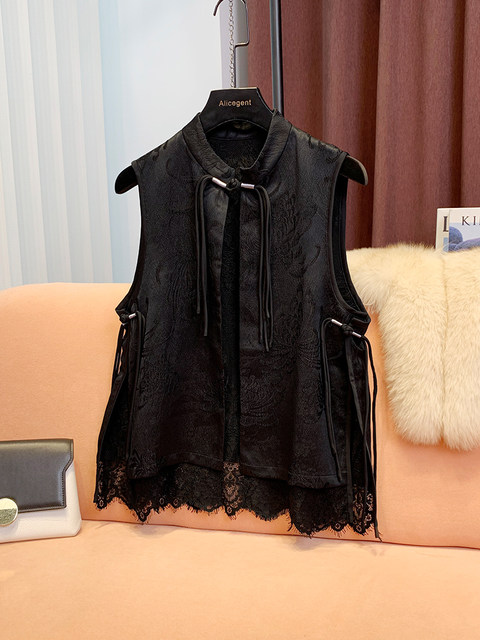 Black New Chinoiserie National Style Spliced Lace Vest for Women 2024 Autum New High-End Elegant Satin Top