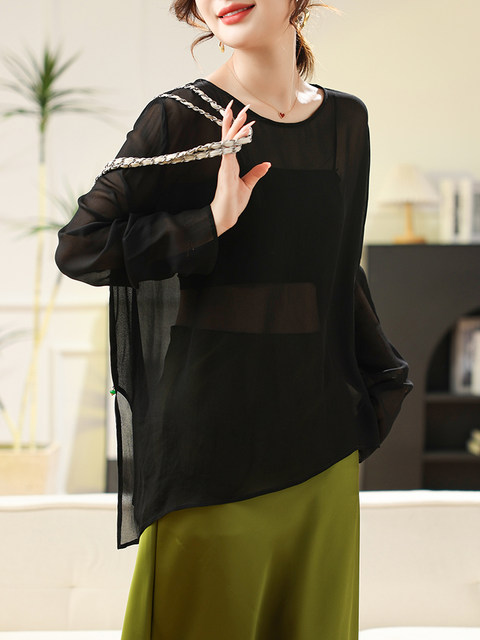 Black High-End Silk Blouse, Sheer Top for Women, 2024 Summer New Style, Lightweight Mulberry Silk Sun Protection Shirt