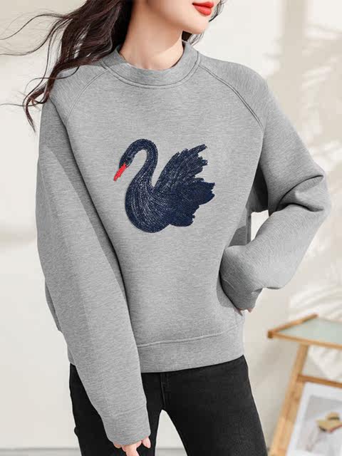 Gray Space Cotton Embroidered Swan Sweatshirt for Women 2024 Spring and Autumn New Style Round Neck Loose Casual Short Stylish Jacket