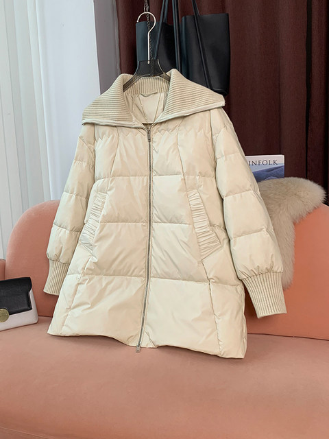 Knitted Large Lapel A-Line Mid-Length down Jacket for Women, 2024 Winter New Popular Style, Trendy down Coat This Year