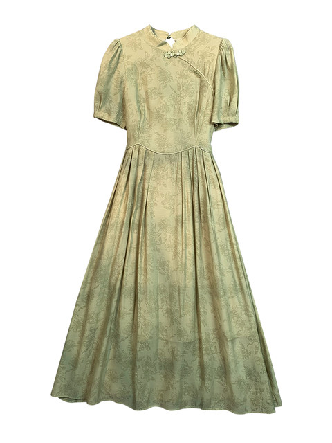 New Chinese-Style National Style Green Jacquard Dress for Women, 2024 Summer New Fashion Improved Ultra-Elegant Waist-Cinching Dress