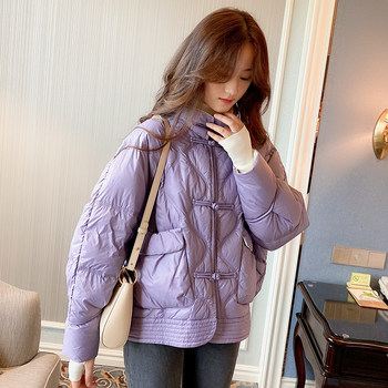 Chinese Style Stand-Up Collar Buttoned down Jacket for Women 2024 Autumn and Winter New Lightweight Short Long-Sleeved White Duck down Solid Color Jacket