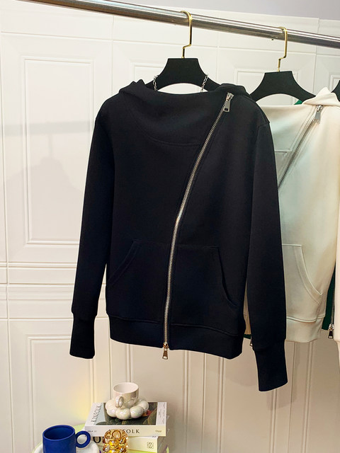 Designer-Style Sweatshirt for Women, 2023 Spring and Autumn New European Style, Slim Fit, Irregular Zipper, Hooded Cardigan Jacket