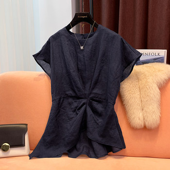 High-End Accessible Luxury 100% Ramie Thin Top for Women 2024 Summer New Style Pleated Asymmetrical Hem Elegant Shirt