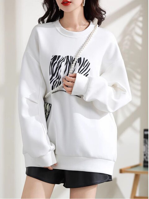 Letter Print Crew Neck Loose Casual Sweatshirt for Women 2023 Autumn New Zebra Pattern Versatile Jacket Crossbody Bag