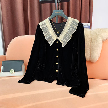 French-Style Chanel-Inspired Velvet Long-Sleeve Shirt with Doll Collar for Women, 2024 Spring and Autumn New Fashion Design, Lightweight Top
