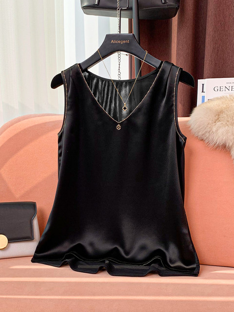 V-Neck Acetate Camisole Tank Top for Women, 2024 Summer New Style, Beaded Inner Wear, Sleeveless, Can Be Worn Outside, Thin Top