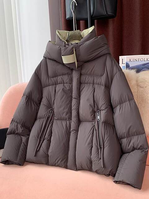 High-End Hooded Short down Jacket for Women, 2024 Winter New Style, Stand Collar, 90% White Duck Down, Casual Puffer Jacket