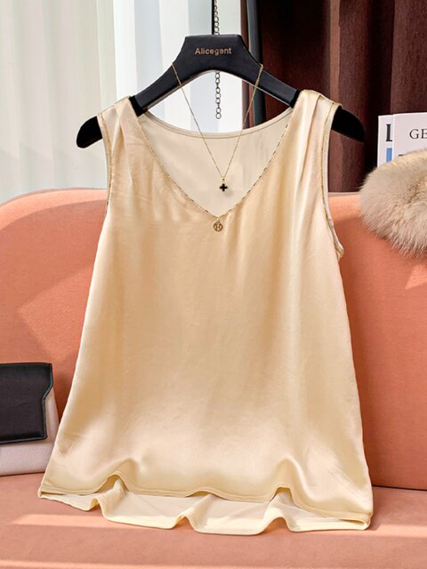 V Neck Sleeveless Camisole Bottoming Vest for Women 2024 Summer New Gold Velvet Splicing Lace Inner Top
