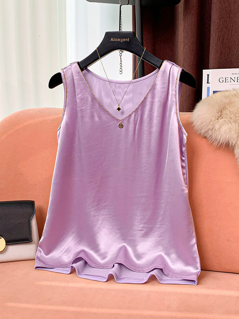 V-Neck Acetate Camisole Tank Top for Women, 2024 Summer New Style, Beaded Inner Wear, Sleeveless, Can Be Worn Outside, Thin Top
