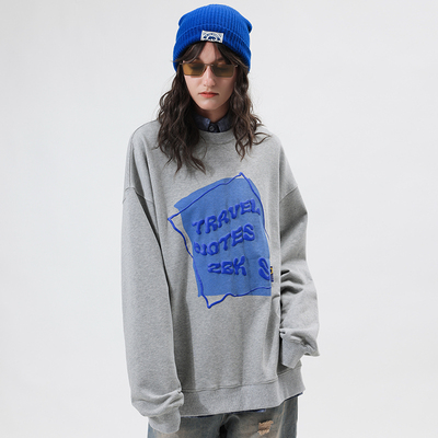 国潮灰色卫衣女印花bf宽松薄款早秋上衣