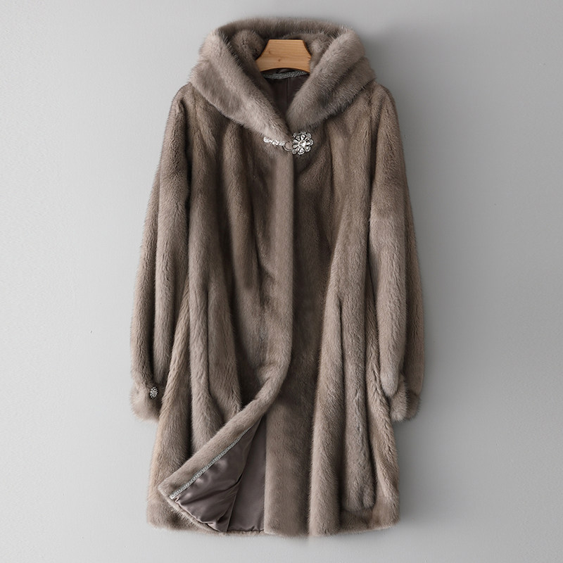 Mink fur coat women's mid-length version 2021 new imported mink fur fur coat hooded ZD7368