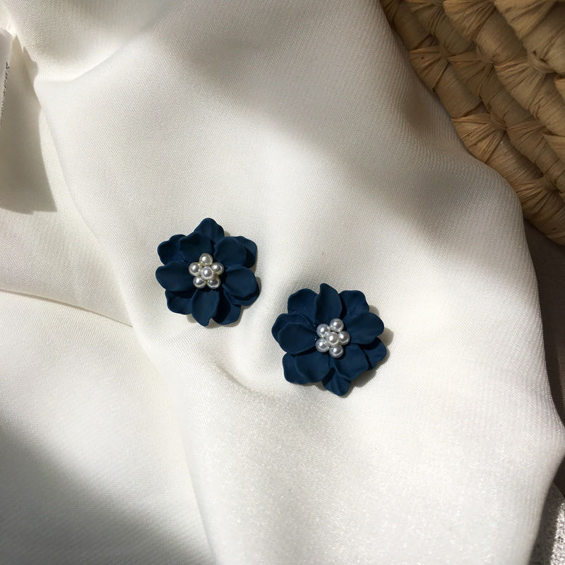 S925銀針大氣藏青色花朵形狀耳針端莊儒雅淑女多層成熟耳飾耳環女