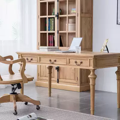 Special offer American country oak three-pumping desk desk European-style log computer desk Simple desk reading