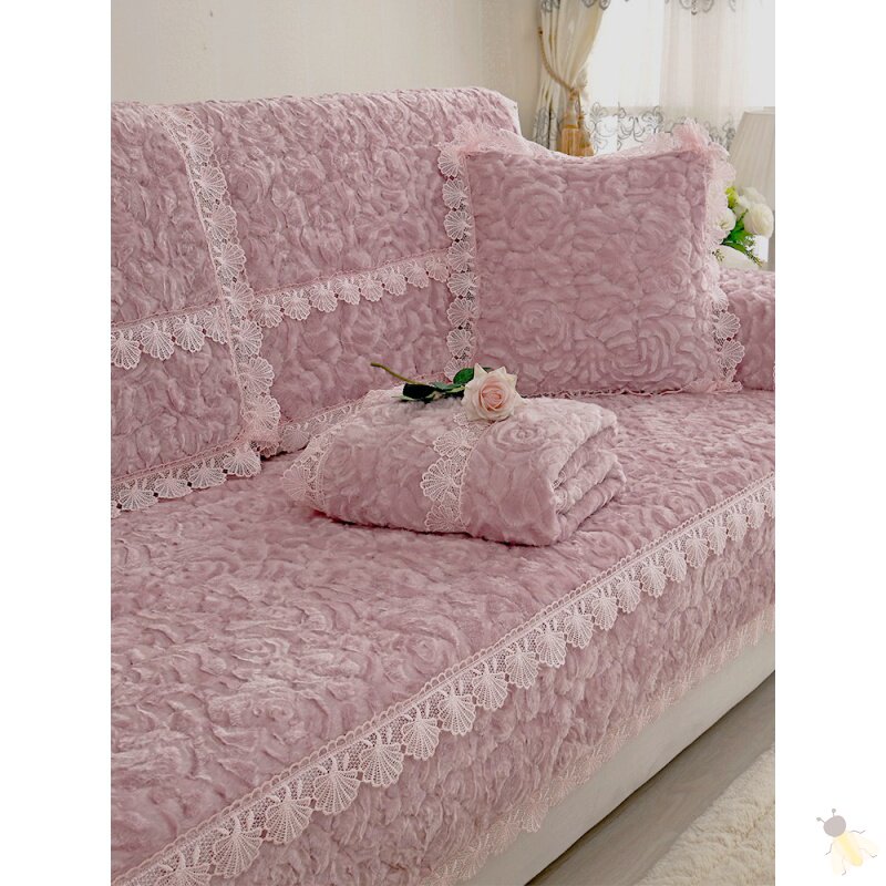 Winter sofa cushion thick plush plush velvety lace with three-expensive courtesas three-seat winter non-slip living room pink
