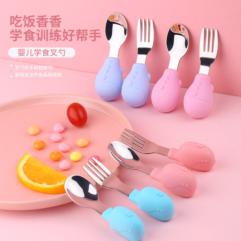 Baby spoon learning to eat training short handle spoon fork Silicone spoon Baby children tableware set Eating food spoon