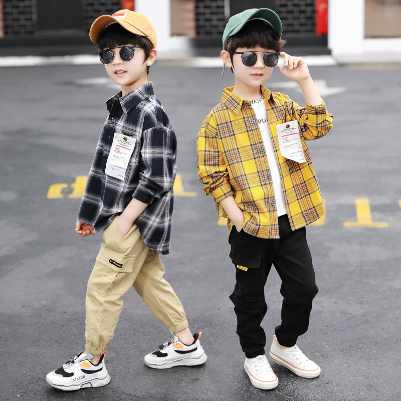 Boys spring and autumn Western style suits Korean version of the big children's plaid shirts handsome overalls trendy cool boys autumn clothes