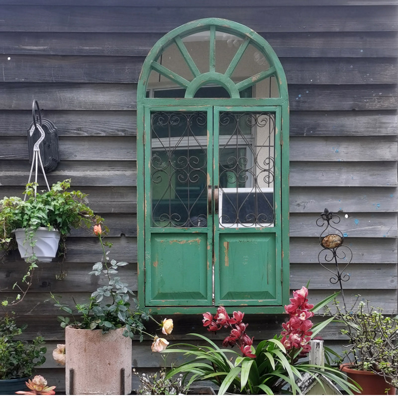 Retro distressed wall decoration mirror solid wood courtyard balcony