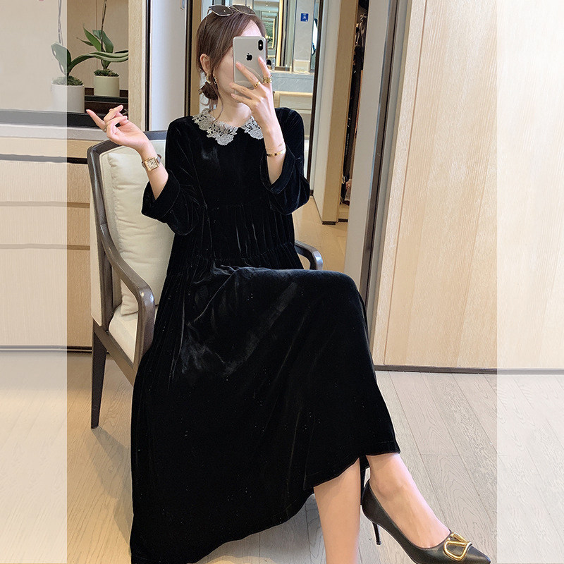 Gold velvet dress female noble foreign luxury big brand mulberry silk temperament silk 2022 autumn winter high-end velvet