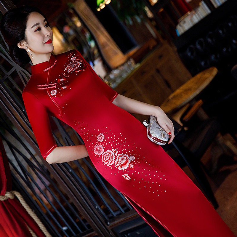 70% Sleeves Long Version Open Fork Qipao Mother Wedding Banquet Dress Stage Walk Show Greet Guests Binge Mother-In-Law's Wedding Service Noble