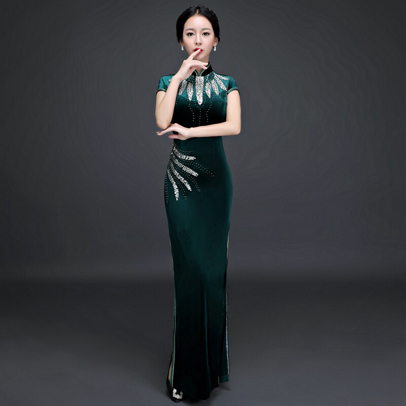 2022 New Ink Green Gold Velvet Qipao Dress High-end Long Version Retro Modified Body Mother Dress Walking Show Gown