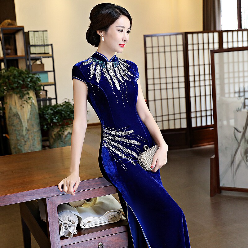 2022 new improved golden velvet qipao women's mother blue high-end walk show long version of the Chinese wind gown dress