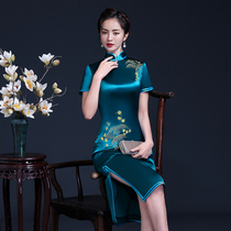 Ice blue medium long acetic acid high-end embroidered Cheongsam performance catwalk banquet mother dress retro improved young