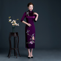 Acetate satin embroidered Cheongsam long sleeves Purple Fashion temperament mother dress 2021 New