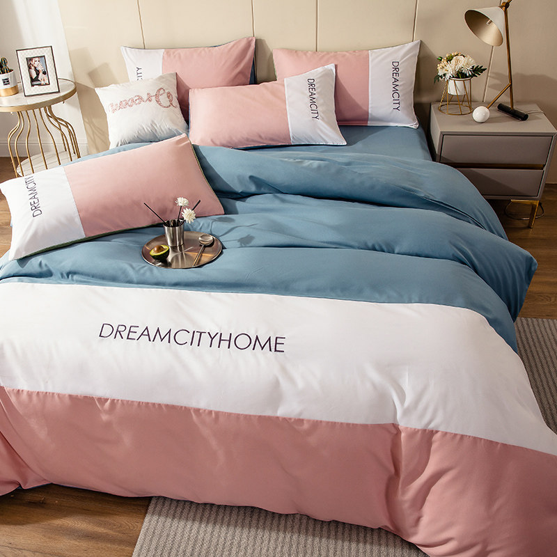 Korean ins princess style sanding sheet four-piece set Spring and autumn letter embroidery duvet cover Pure blue 1 2 bedding