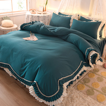 Spring and autumn lace bed skirt four-piece European light luxury solid color Sky blue duvet cover girl sheets naked bedding